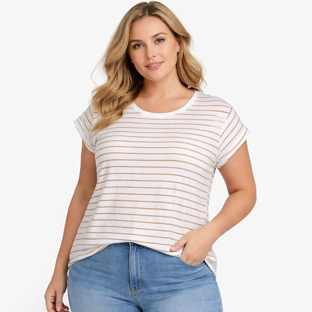Universal‎ Thread Striped Short Sleeve T-Shirt White Tan XXL Cotton Crew Neck